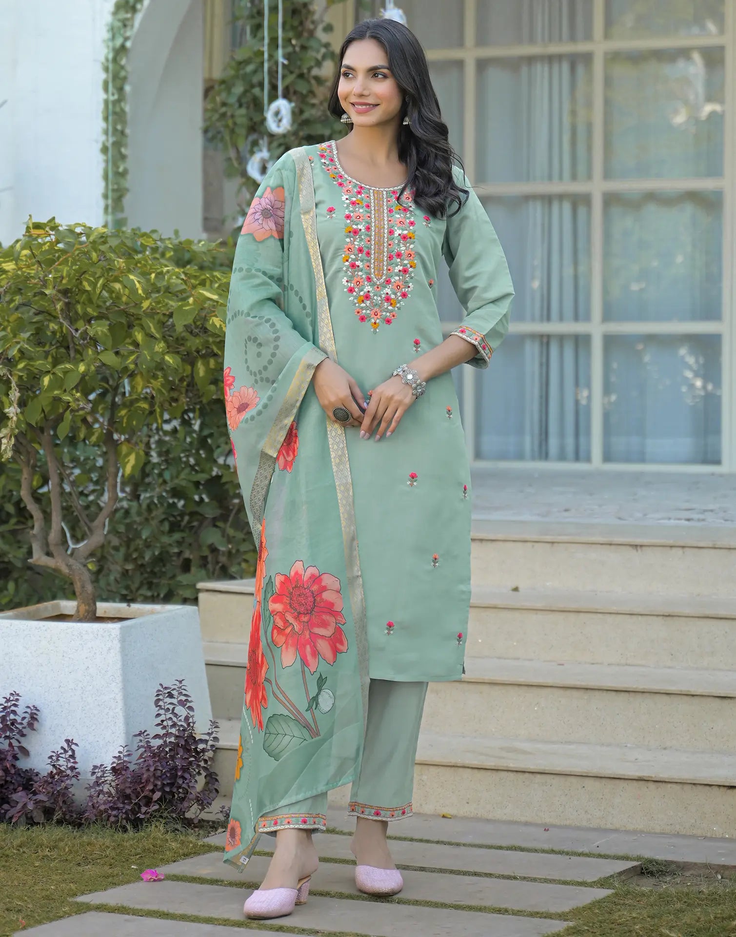 Silk Blend Embroidered Straight 3 Piece Kurta Set