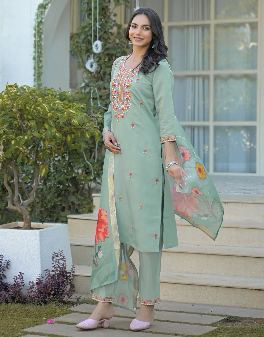 Silk Blend Embroidered Straight 3 Piece Kurta Set