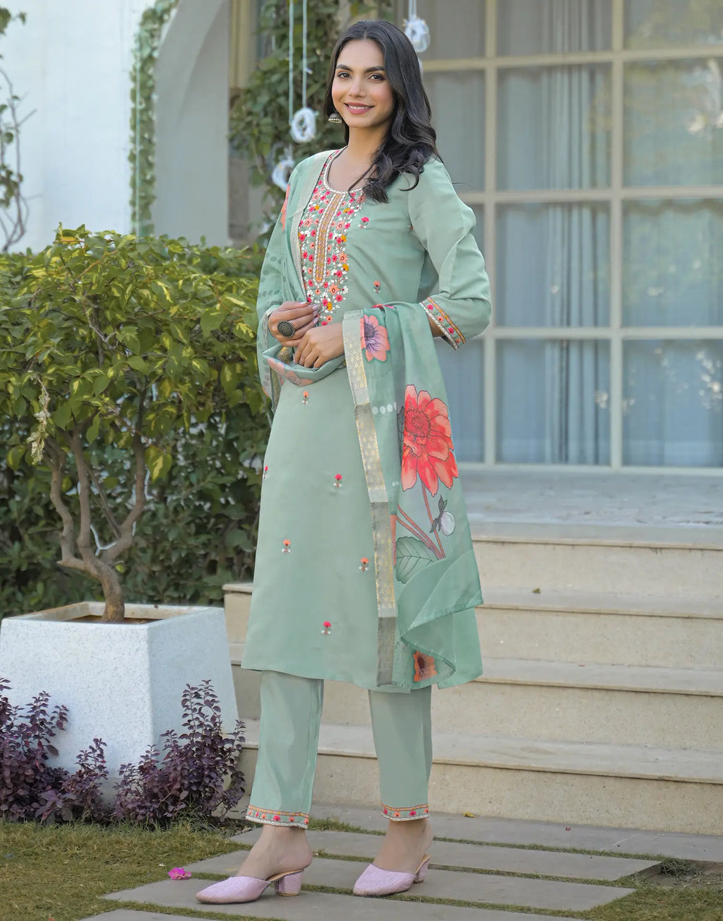 Silk Blend Embroidered Straight 3 Piece Kurta Set