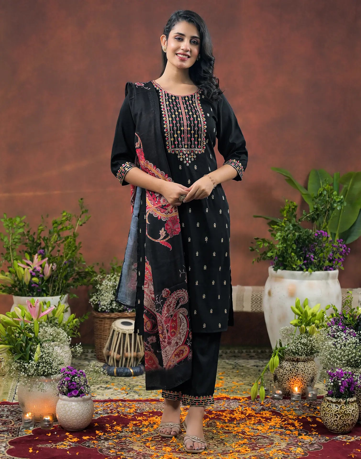Silk Blend Embroidered Straight 3 Piece Kurta Set