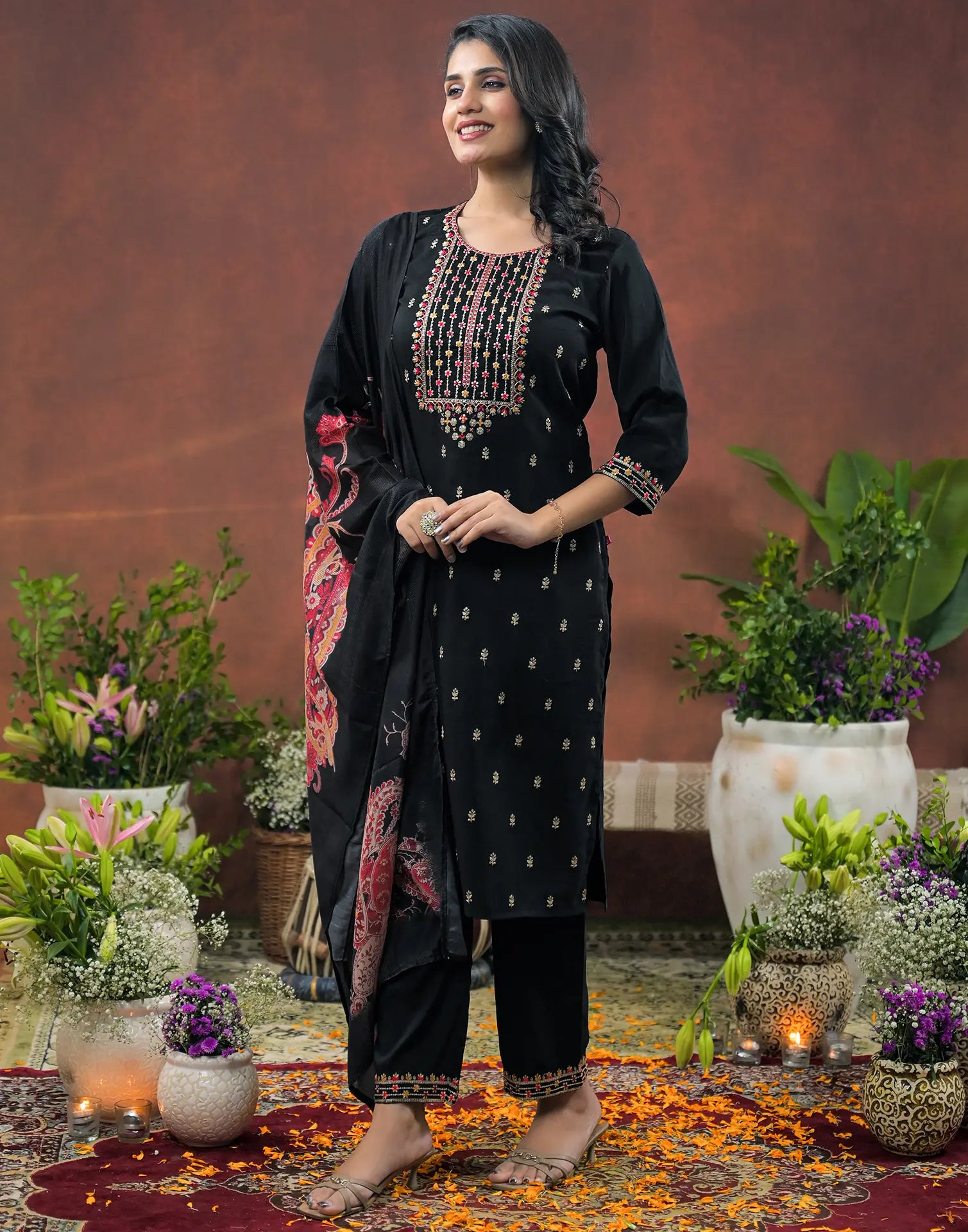 Silk Blend Embroidered Straight 3 Piece Kurta Set