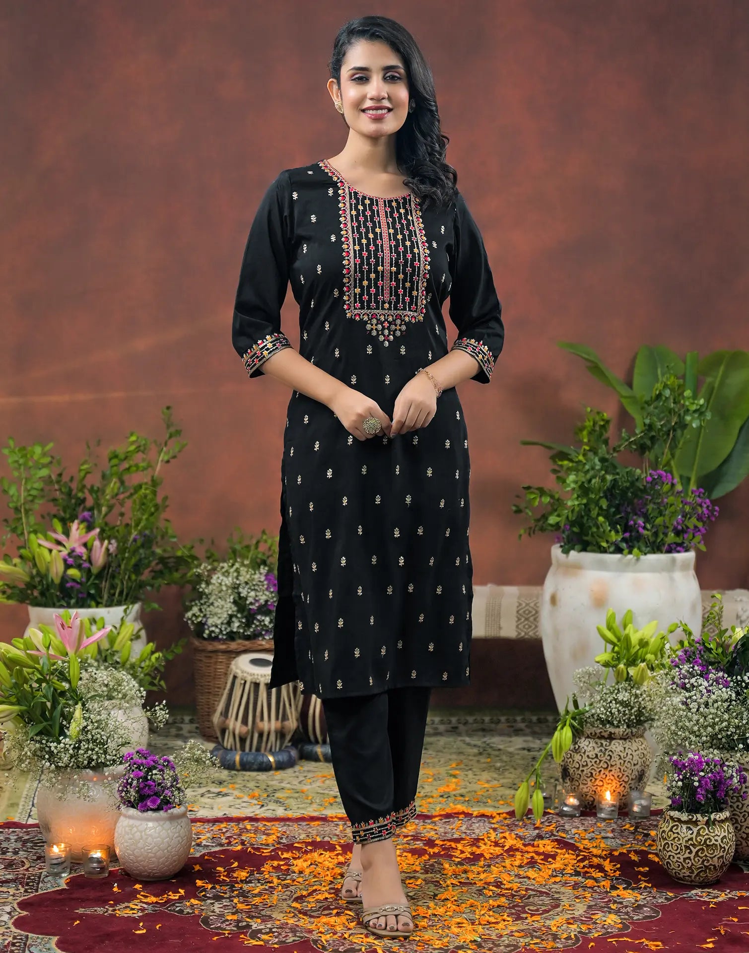 Silk Blend Embroidered Straight 3 Piece Kurta Set