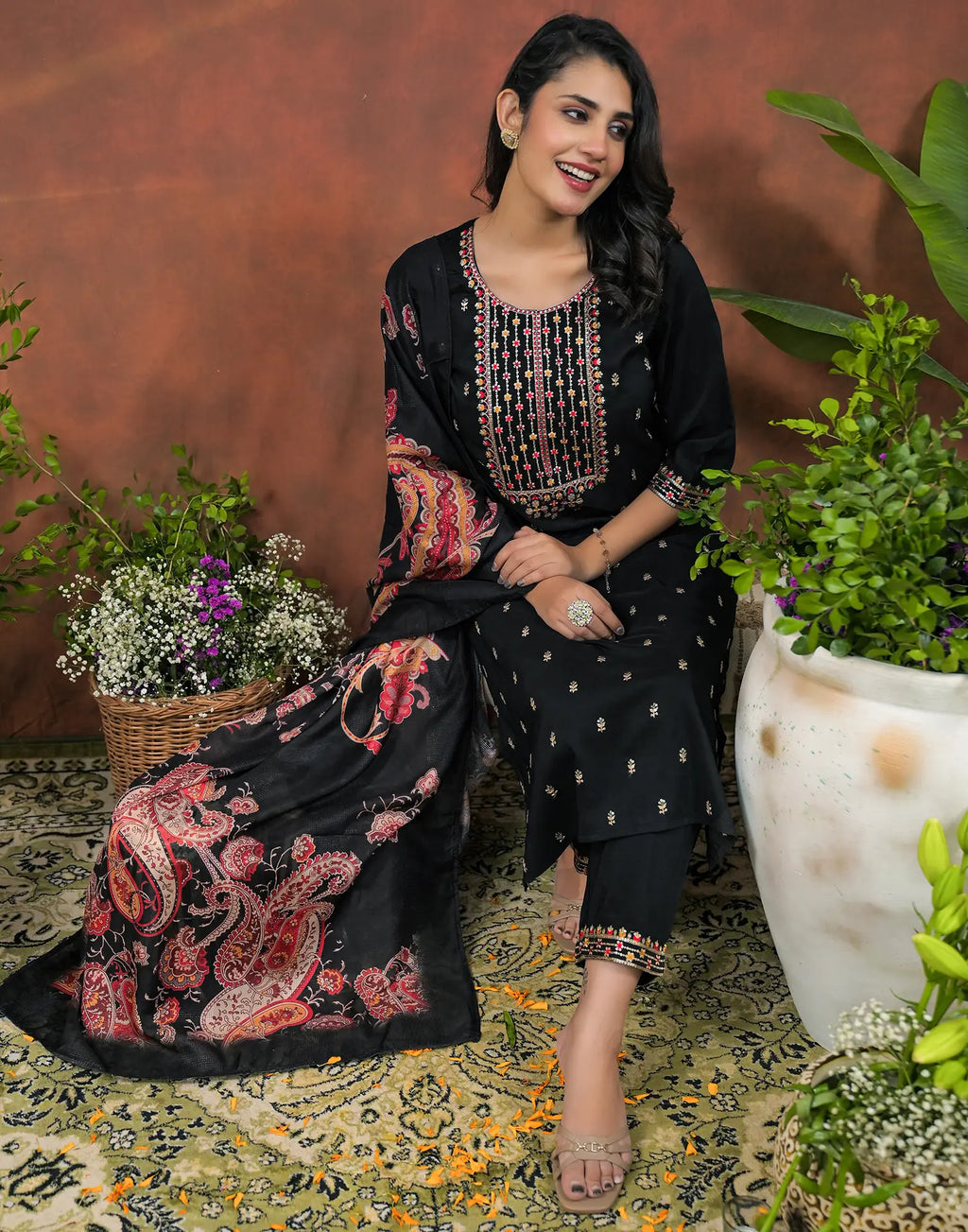 Silk Blend Embroidered Straight 3 Piece Kurta Set