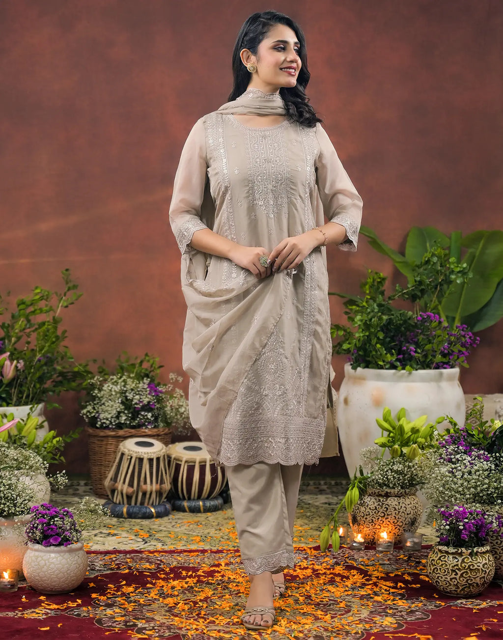 Organza Embroidered Straight 3 Piece Kurta Set