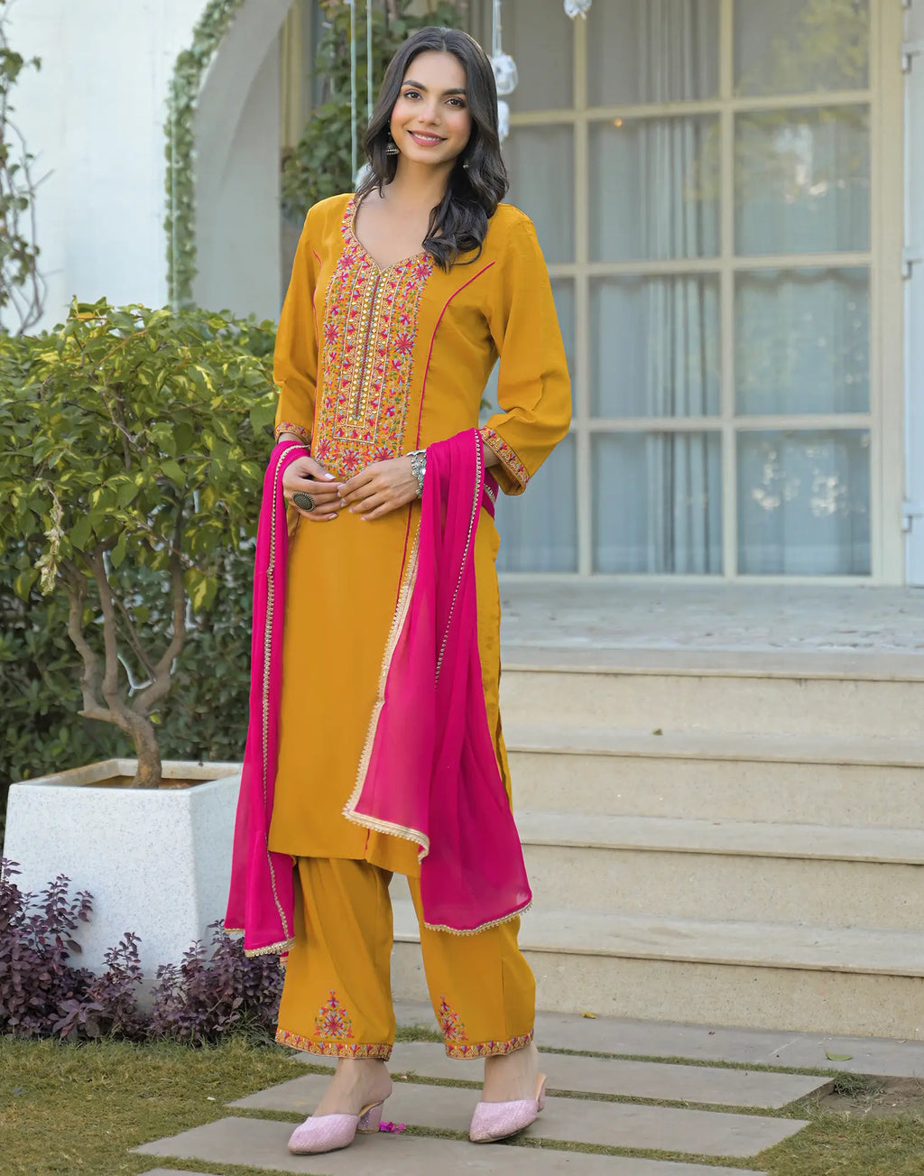 Silk Embroidered Straight 3 Piece Kurta Set