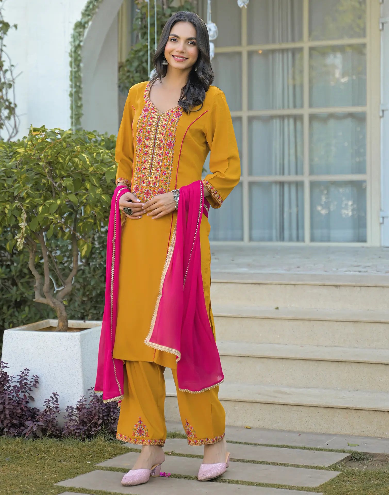 Silk Embroidered Straight 3 Piece Kurta Set