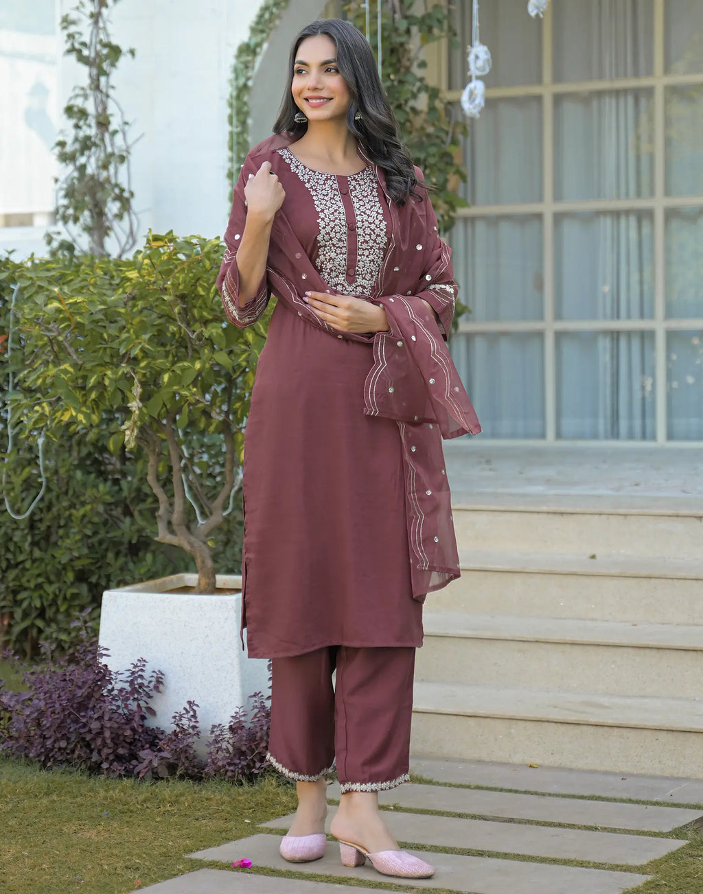 Silk Embroidered Straight 3 Piece Kurta Set