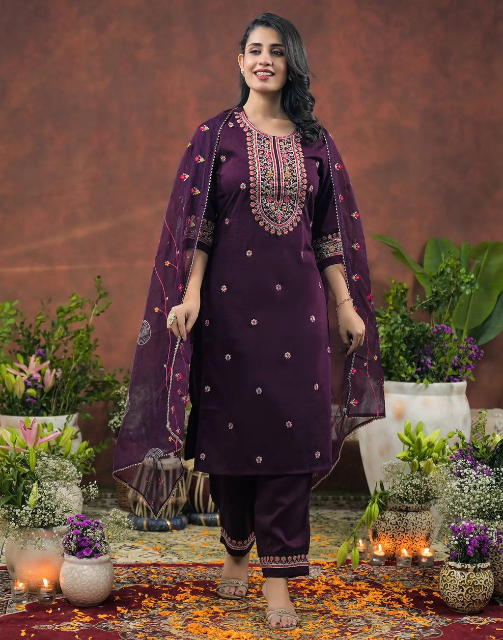 Silk Blend Embroidered Straight 3 Piece Kurta Set