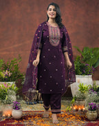 Silk Blend Embroidered Straight 3 Piece Kurta Set