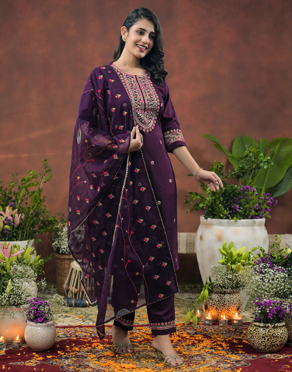 Silk Blend Embroidered Straight 3 Piece Kurta Set
