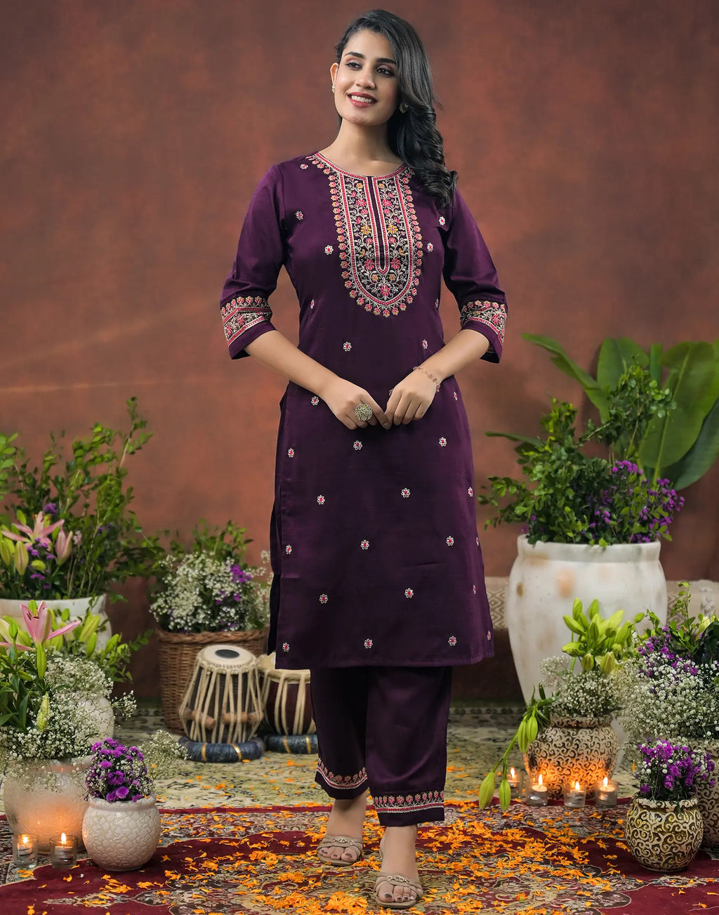 Silk Blend Embroidered Straight 3 Piece Kurta Set