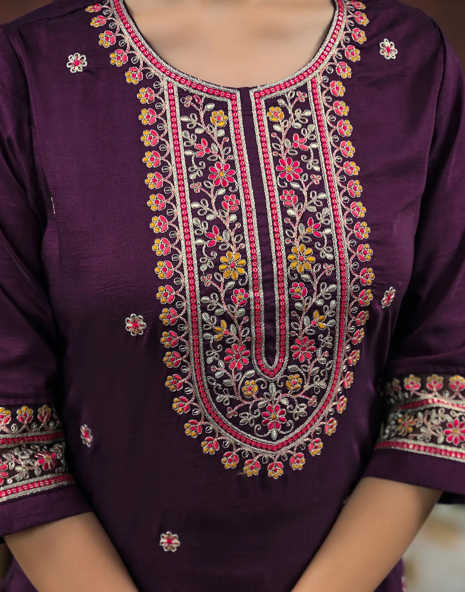 Silk Blend Embroidered Straight 3 Piece Kurta Set