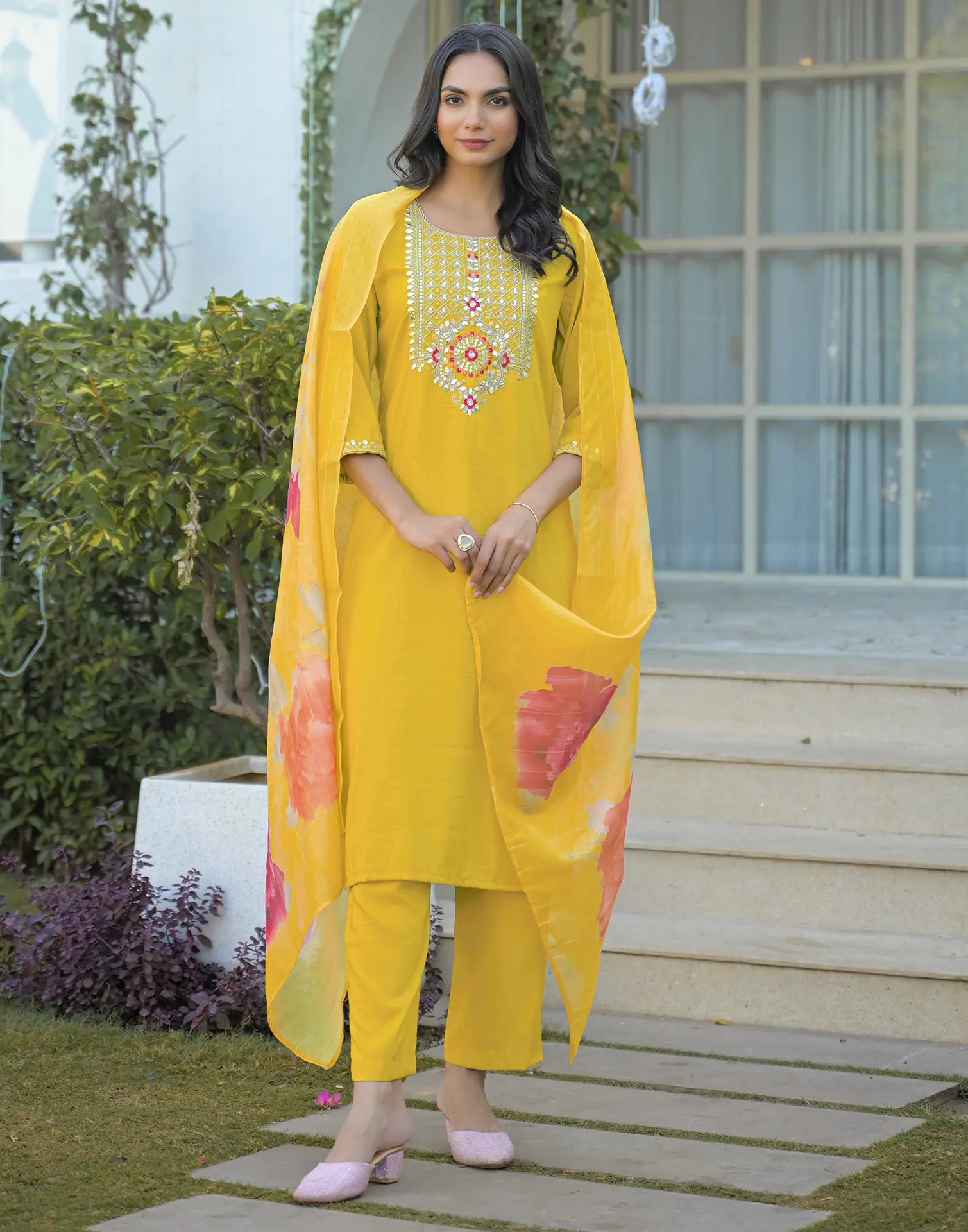 Poly Chinnon Embroidered Straight 3 Piece Kurta Set