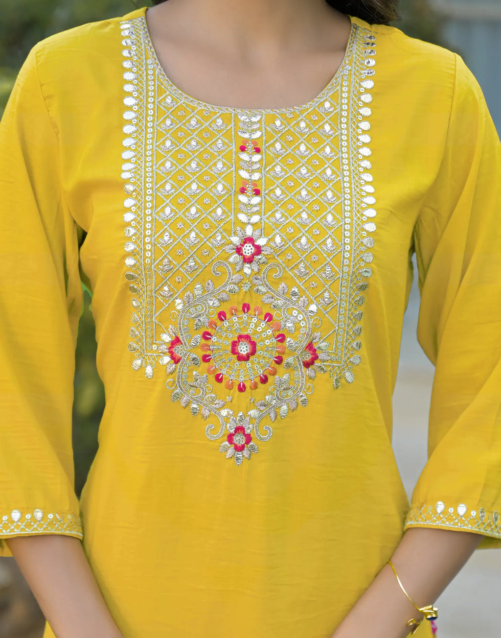 Poly Chinnon Embroidered Straight 3 Piece Kurta Set