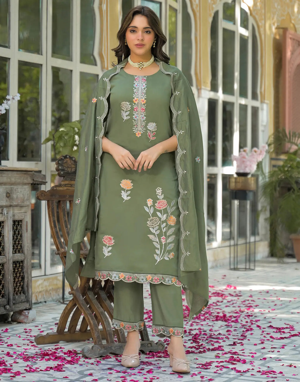 Silk Blend Embroidered Straight 3 Piece Kurta Set