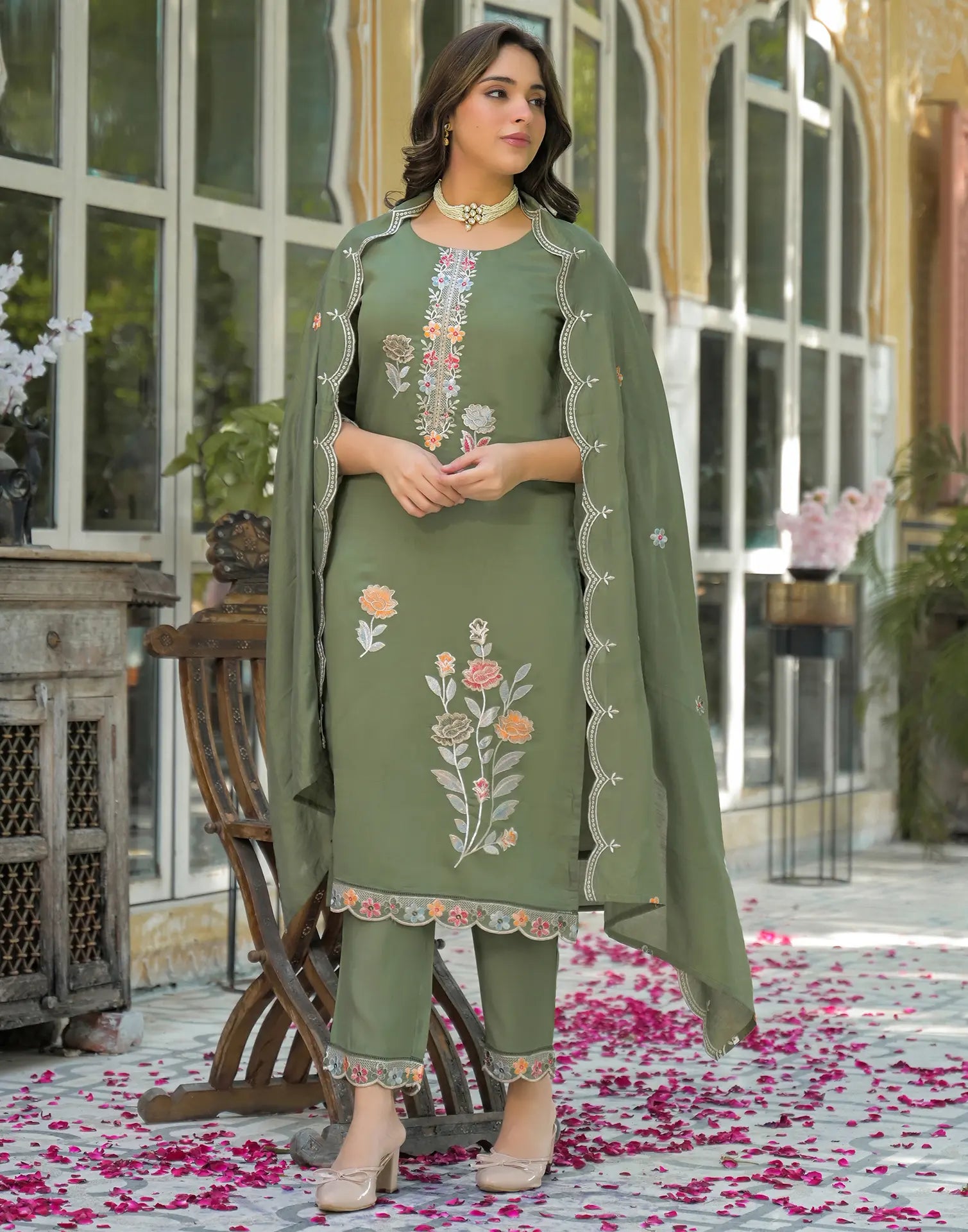 Silk Blend Embroidered Straight 3 Piece Kurta Set