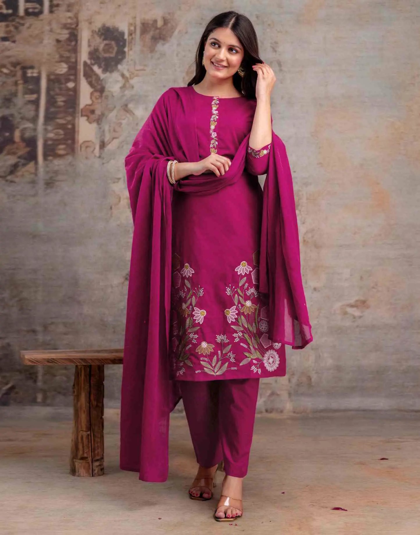 Cotton Embroidered Straight Round Neck Kurta with Pant & Dupatta