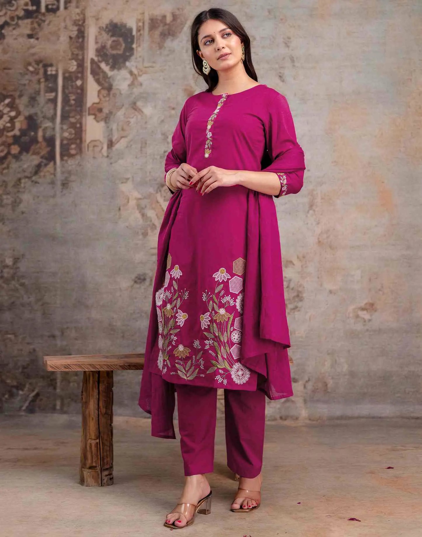 Cotton Embroidered Straight Round Neck Kurta with Pant & Dupatta