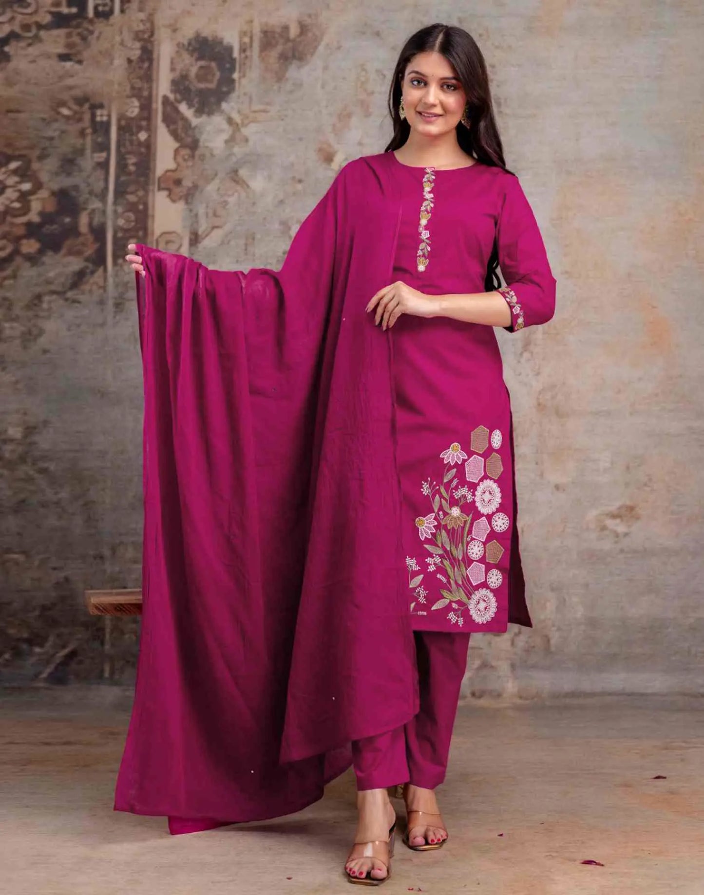 Cotton Embroidered Straight Round Neck Kurta with Pant & Dupatta