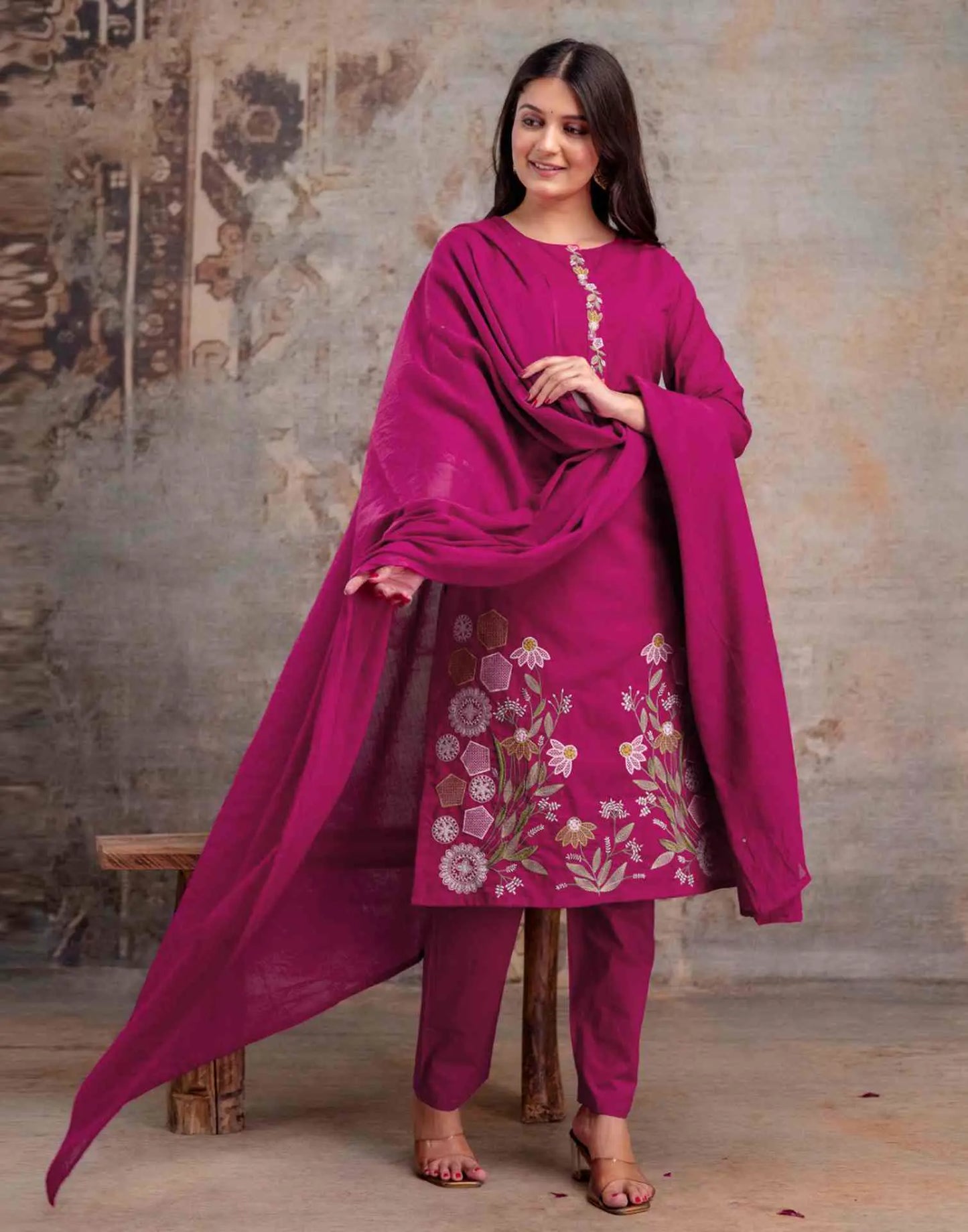 Cotton Embroidered Straight Round Neck Kurta with Pant & Dupatta