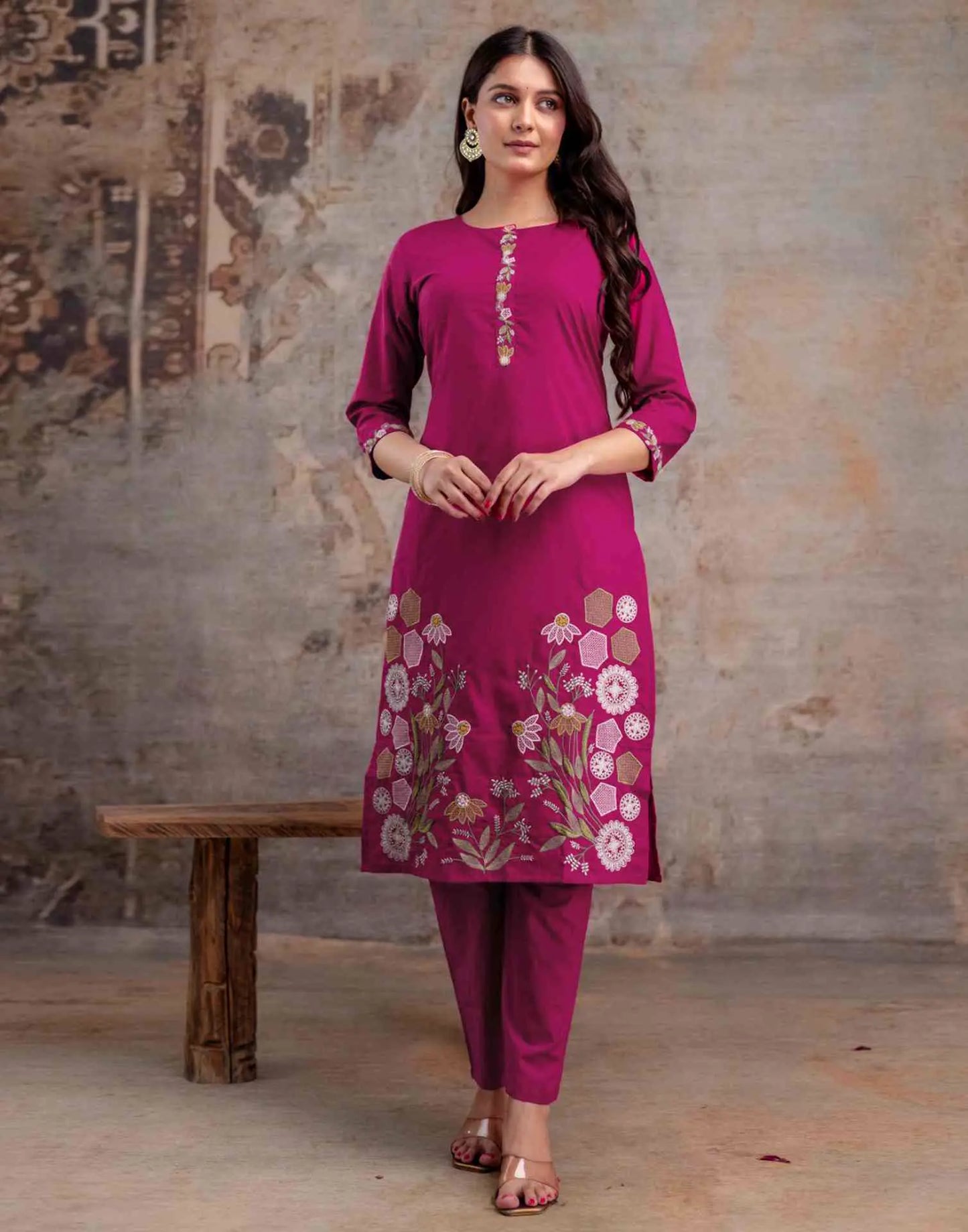 Cotton Embroidered Straight Round Neck Kurta with Pant & Dupatta