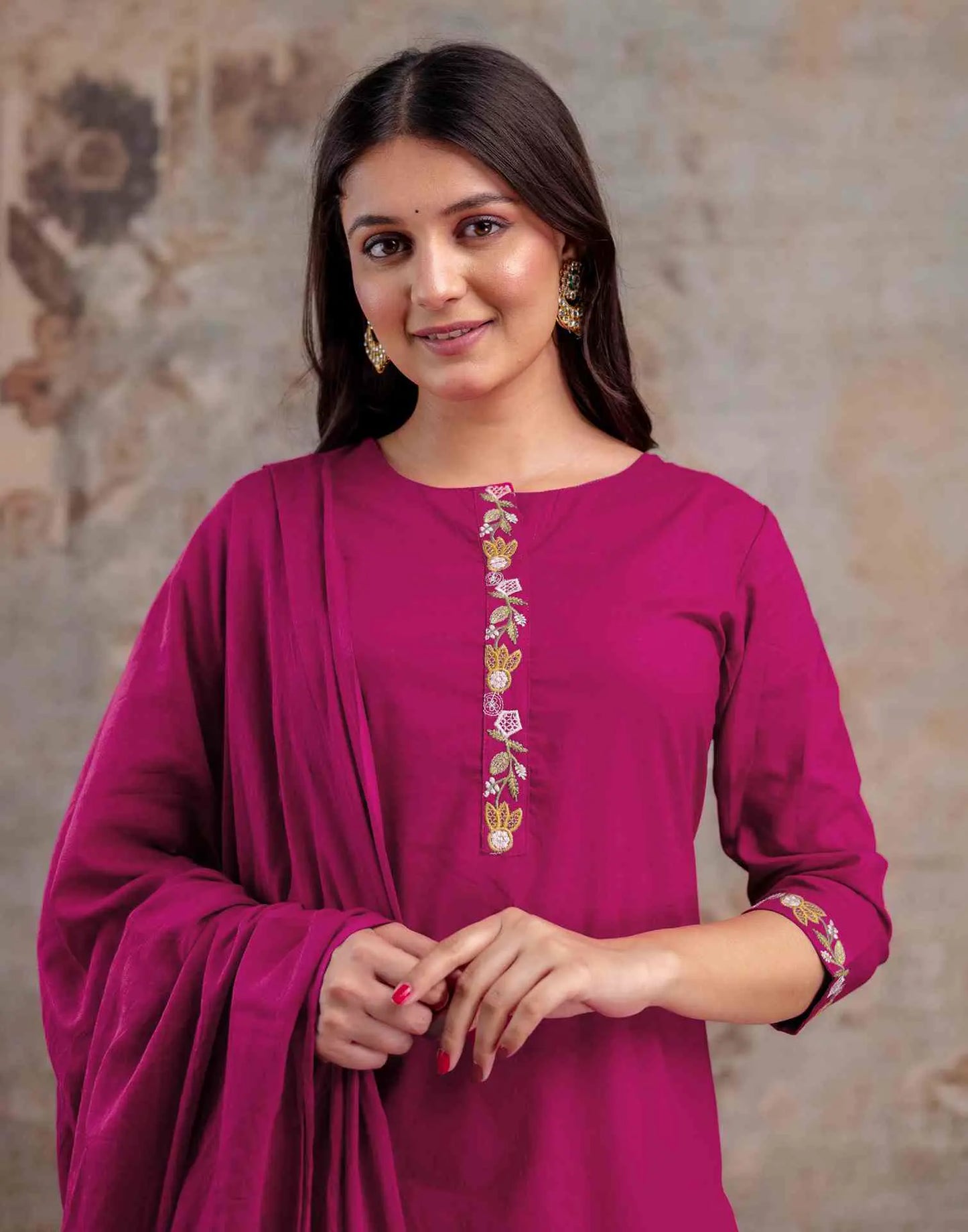 Cotton Embroidered Straight Round Neck Kurta with Pant & Dupatta