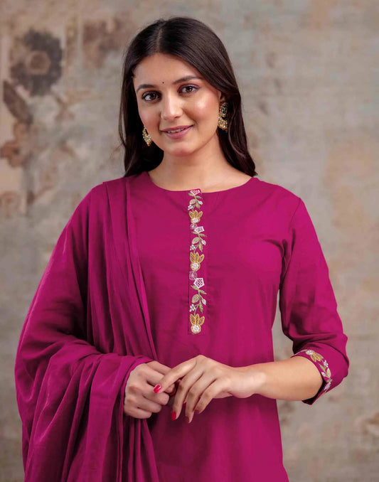 Cotton Embroidered Straight Round Neck Kurta with Pant & Dupatta