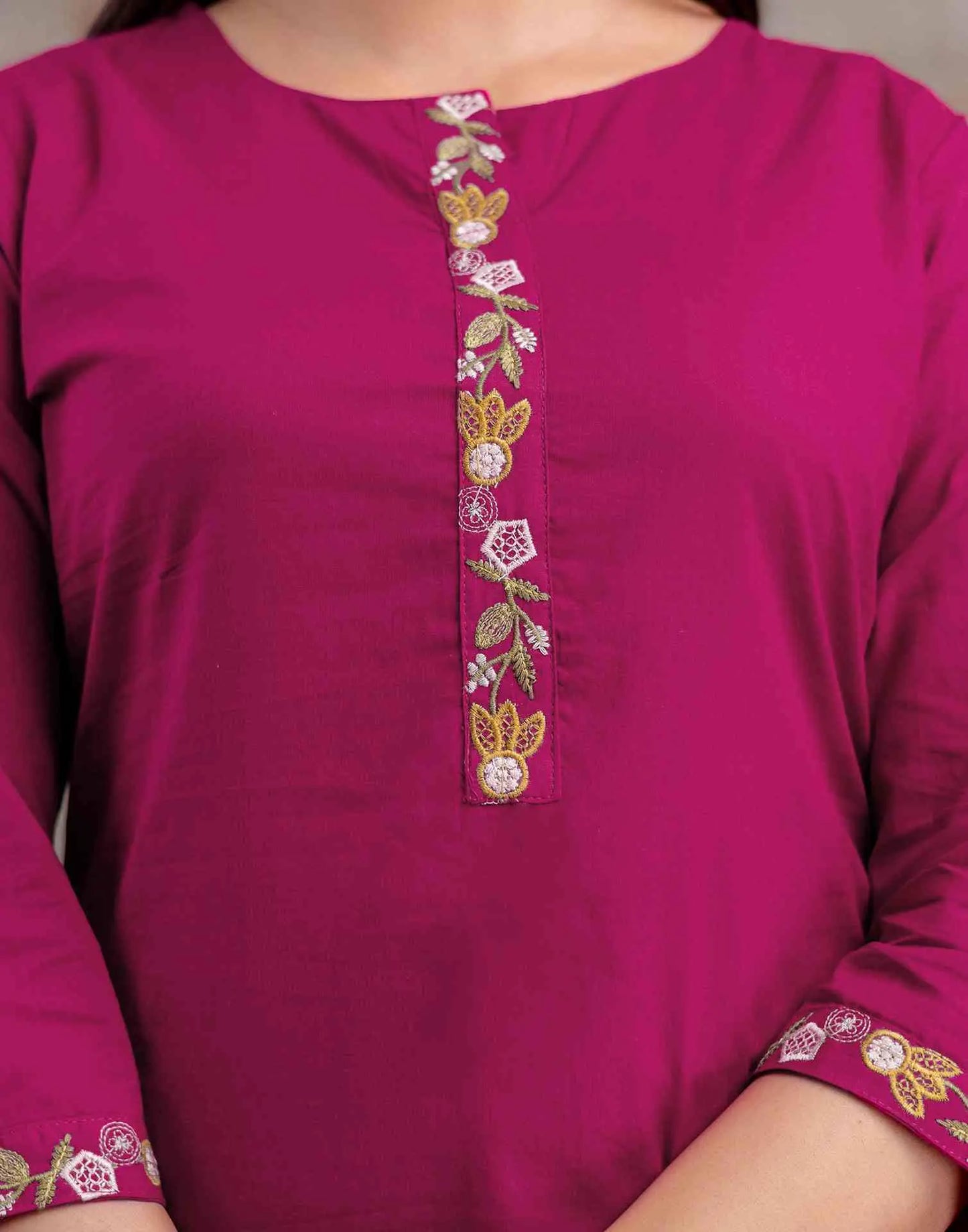 Cotton Embroidered Straight Round Neck Kurta with Pant & Dupatta