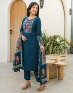 Skylee Cotton Printed Straight 3 Piece Kurta Set For Woman