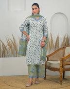 Skylee Cotton Printed Straight 3 Piece Kurta Set For Woman