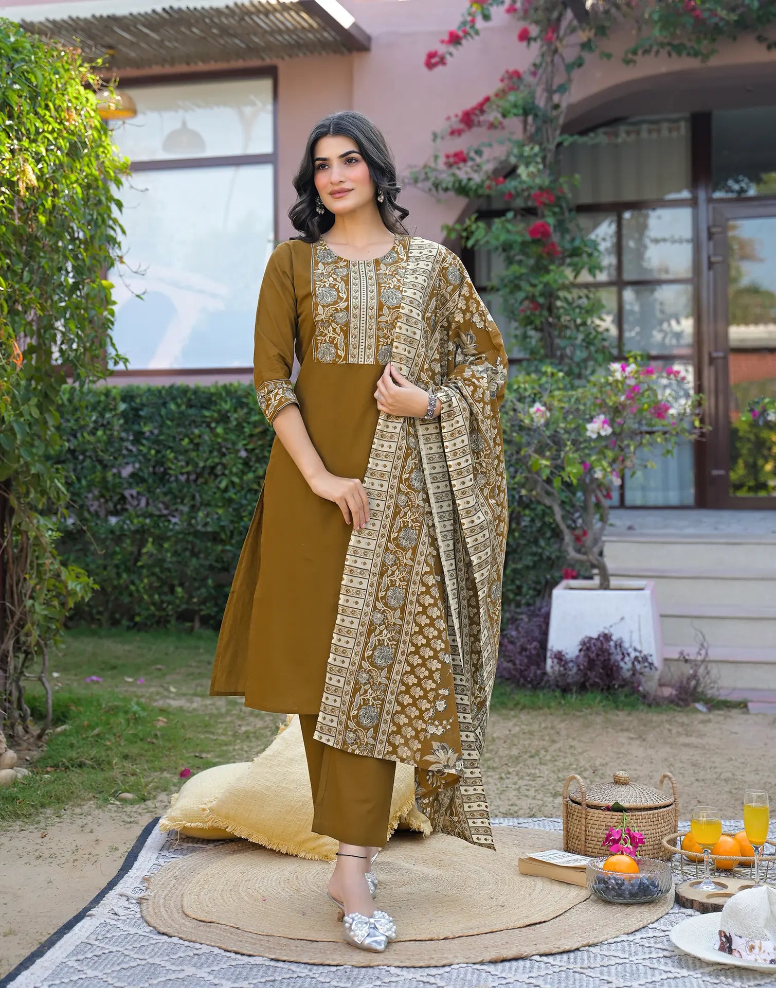 Mustard Brown Round Neck Embroidered Digital Printed Straight 3 Piece Kurta Set with Dupatta