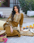 Mustard Brown Round Neck Embroidered Digital Printed Straight 3 Piece Kurta Set with Dupatta