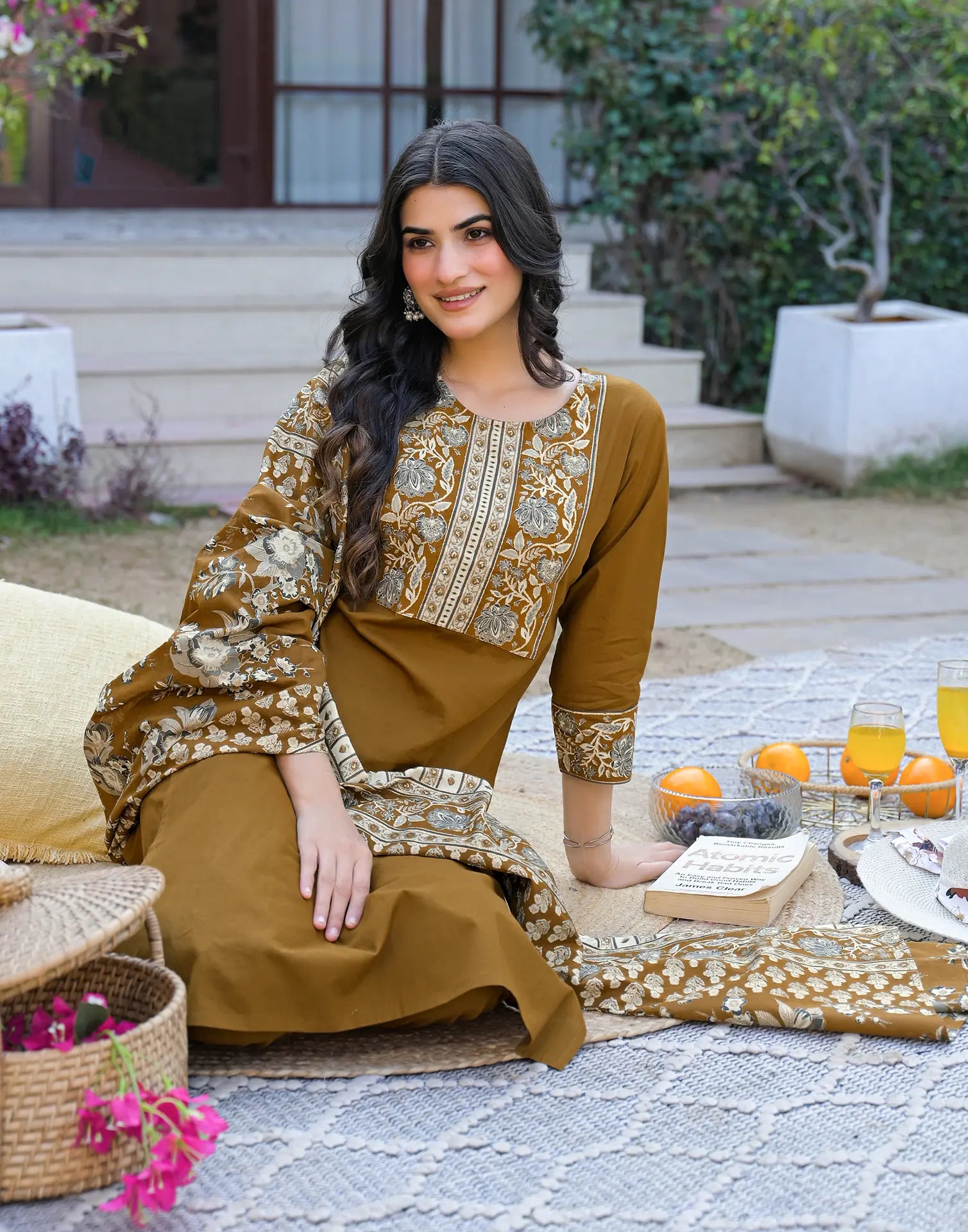 Mustard Brown Round Neck Embroidered Digital Printed Straight 3 Piece Kurta Set with Dupatta