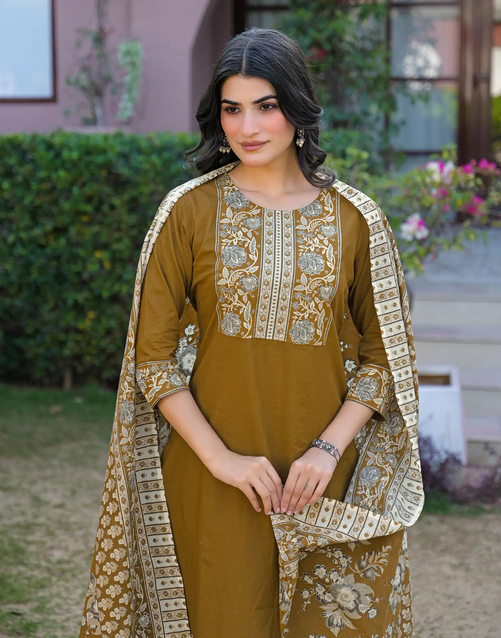 Mustard Brown Round Neck Embroidered Digital Printed Straight 3 Piece Kurta Set with Dupatta