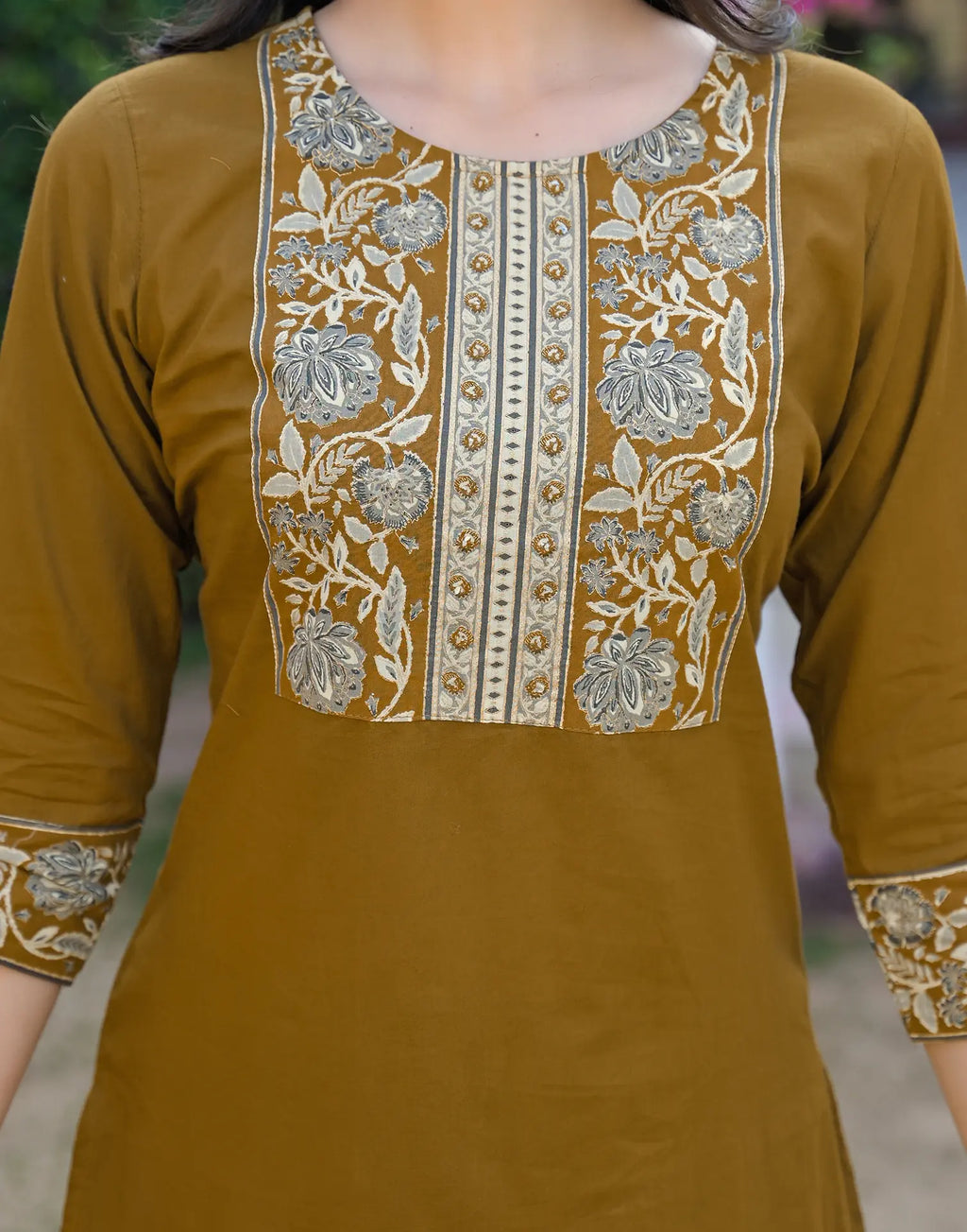 Mustard Brown Round Neck Embroidered Digital Printed Straight 3 Piece Kurta Set with Dupatta