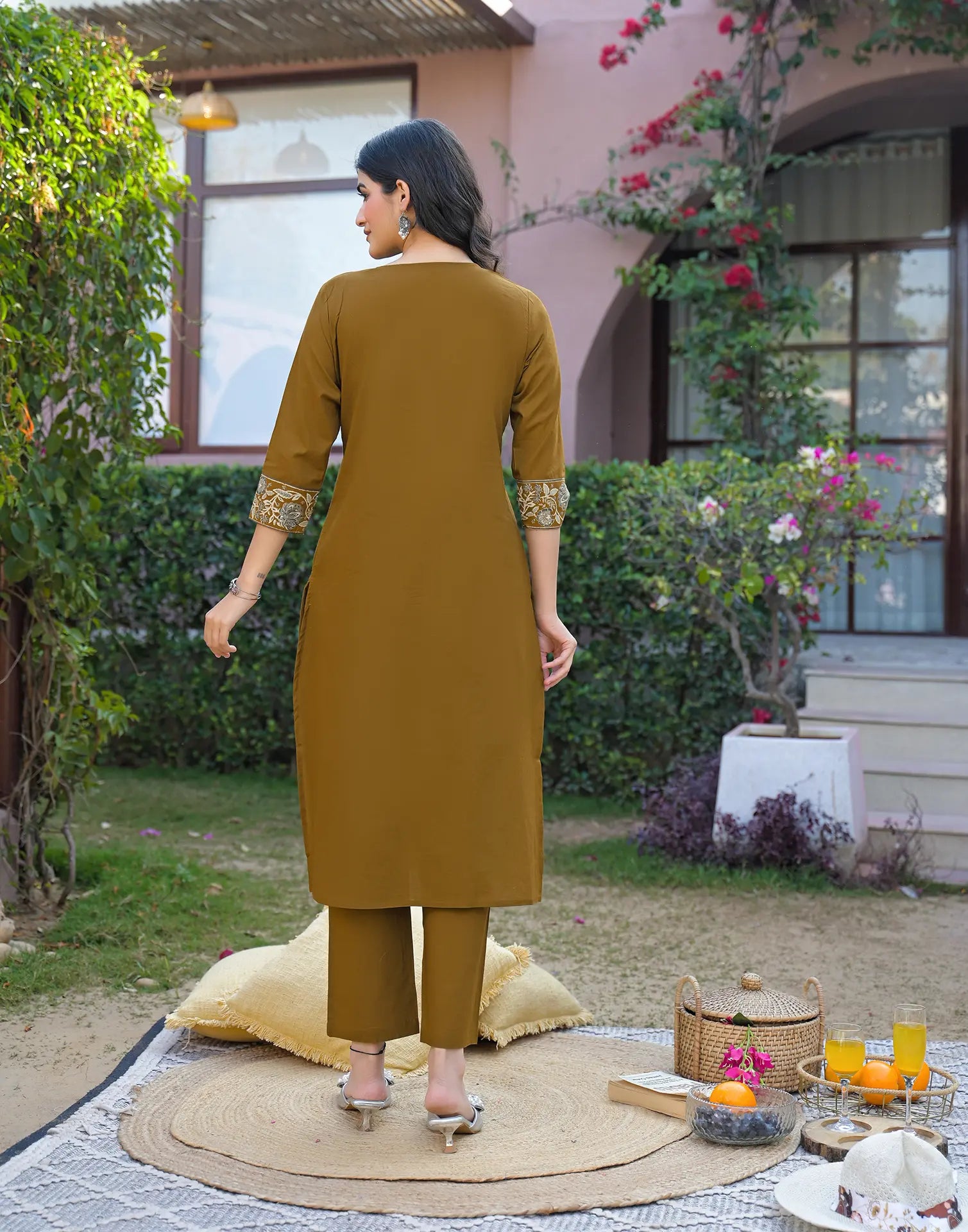 Mustard Brown Round Neck Embroidered Digital Printed Straight 3 Piece Kurta Set with Dupatta