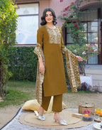 Mustard Brown Round Neck Embroidered Digital Printed Straight 3 Piece Kurta Set with Dupatta