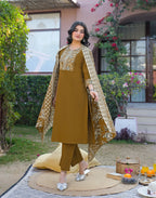 Mustard Brown Round Neck Embroidered Digital Printed Straight 3 Piece Kurta Set with Dupatta