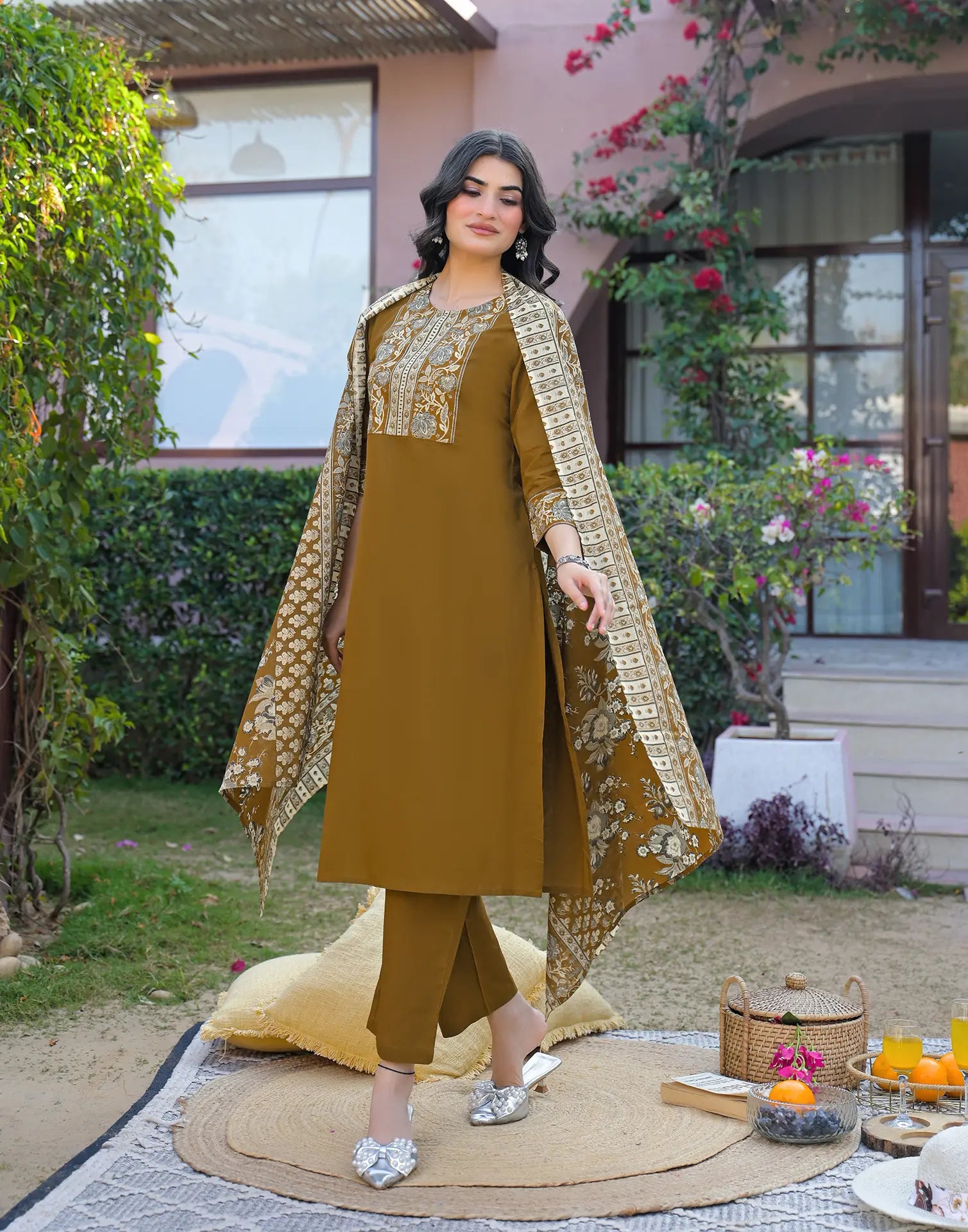 Mustard Brown Round Neck Embroidered Digital Printed Straight 3 Piece Kurta Set with Dupatta
