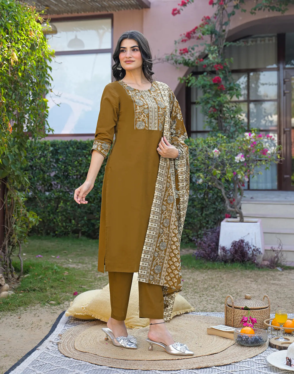Mustard Brown Round Neck Embroidered Digital Printed Straight 3 Piece Kurta Set with Dupatta