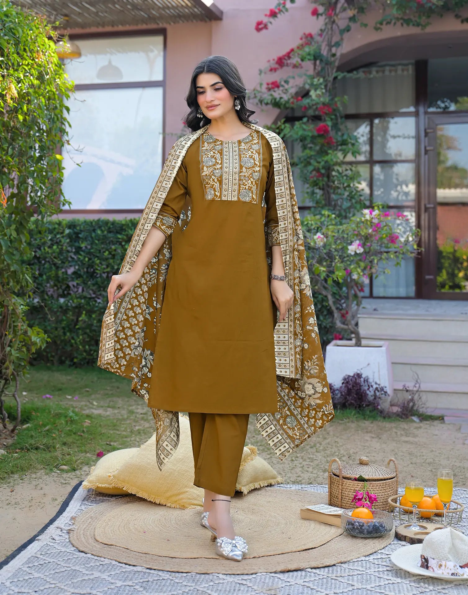 Mustard Brown Round Neck Embroidered Digital Printed Straight 3 Piece Kurta Set with Dupatta