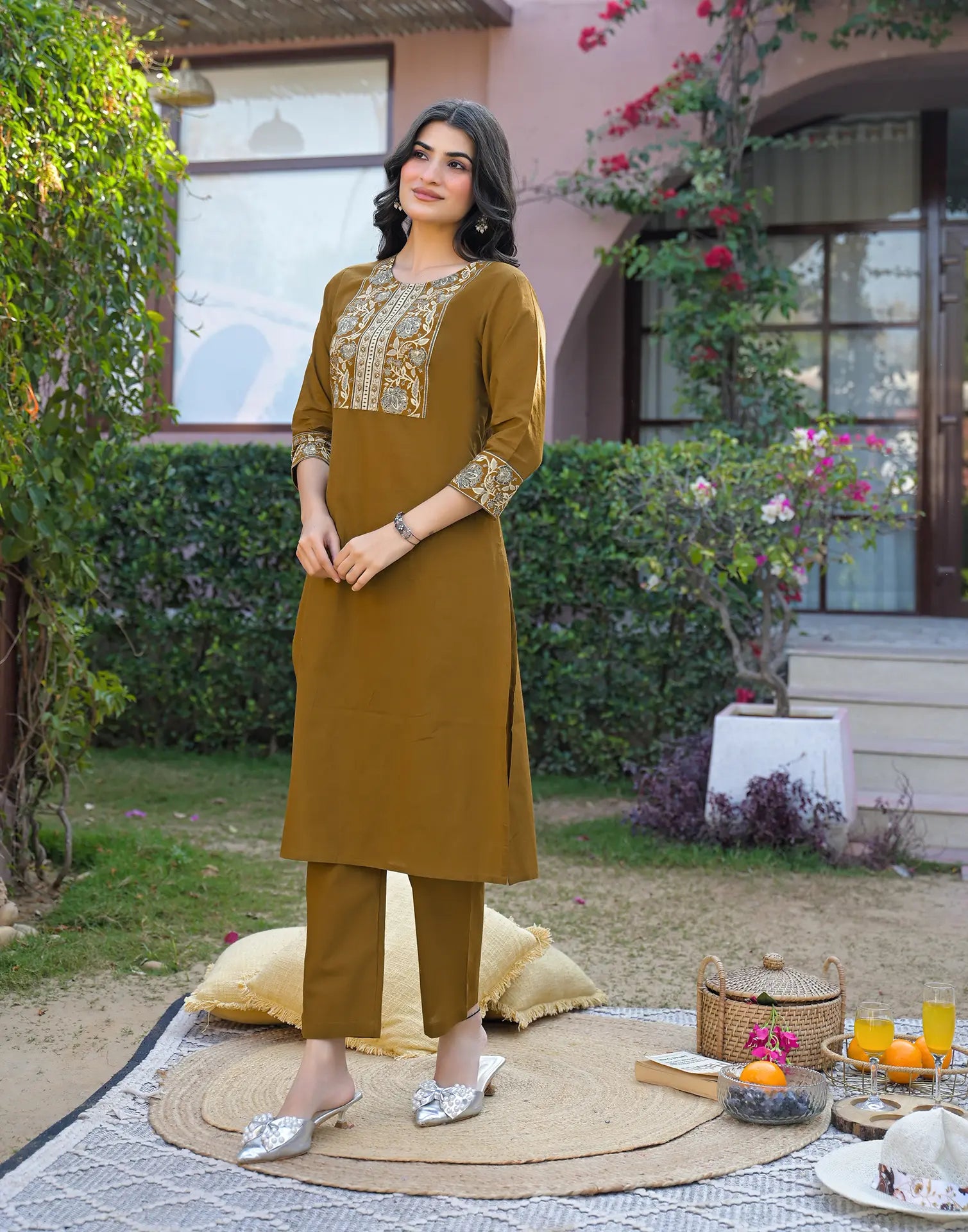 Mustard Brown Round Neck Embroidered Digital Printed Straight 3 Piece Kurta Set with Dupatta