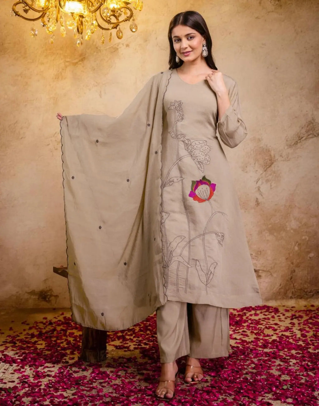 Mul Chanderi Embroidered A-Line 3 Piece Kurta Set