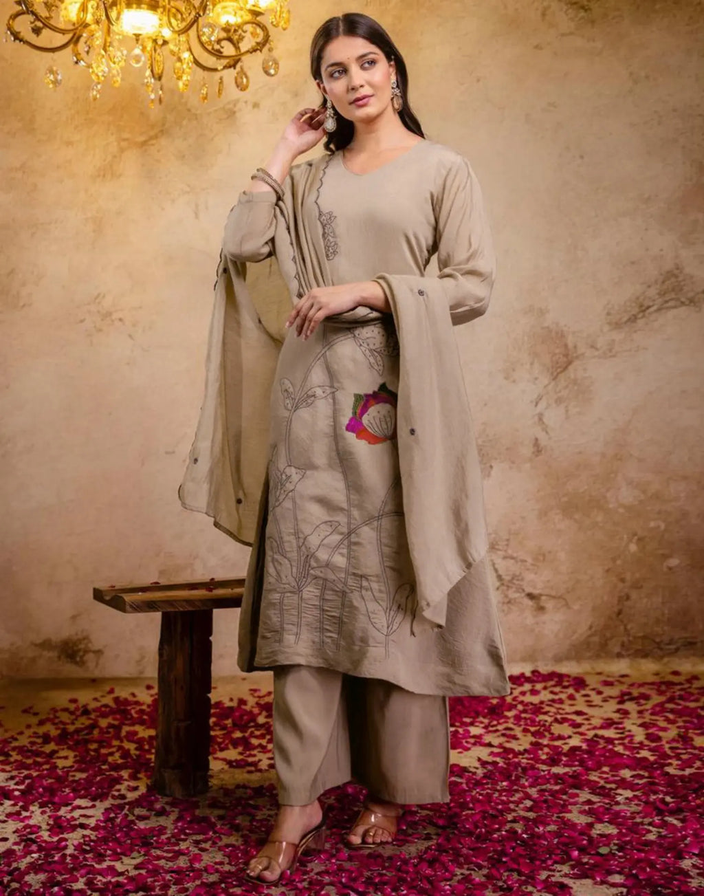 Mul Chanderi Embroidered A-Line 3 Piece Kurta Set