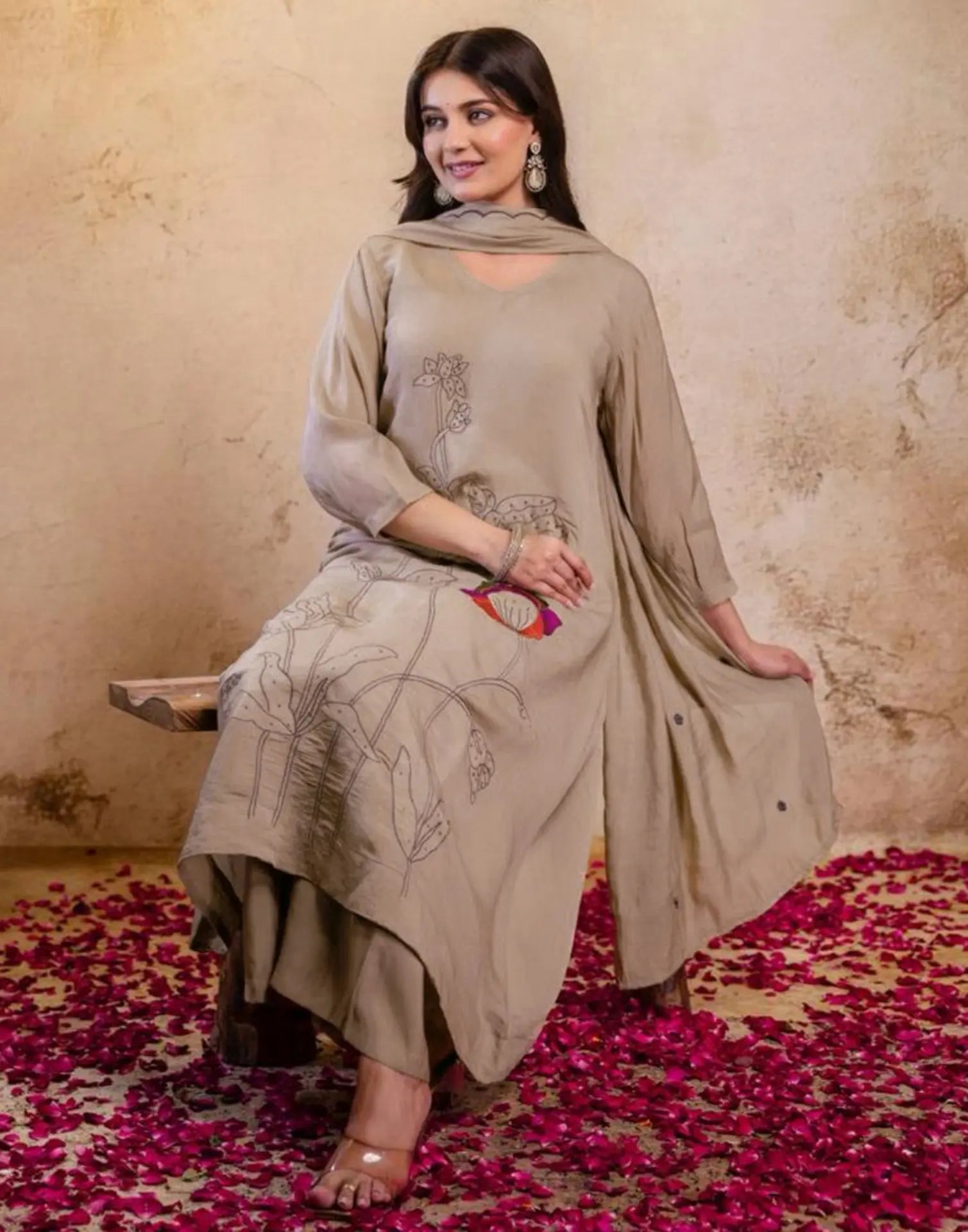 Mul Chanderi Embroidered A-Line 3 Piece Kurta Set