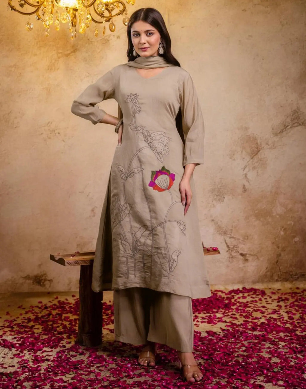 Mul Chanderi Embroidered A-Line 3 Piece Kurta Set