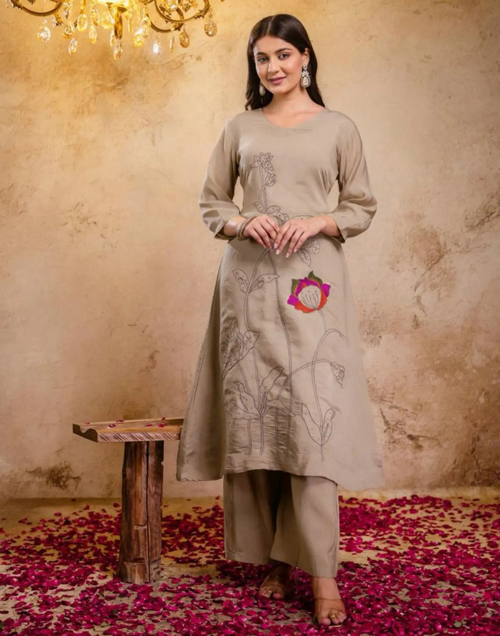 Mul Chanderi Embroidered A-Line 3 Piece Kurta Set