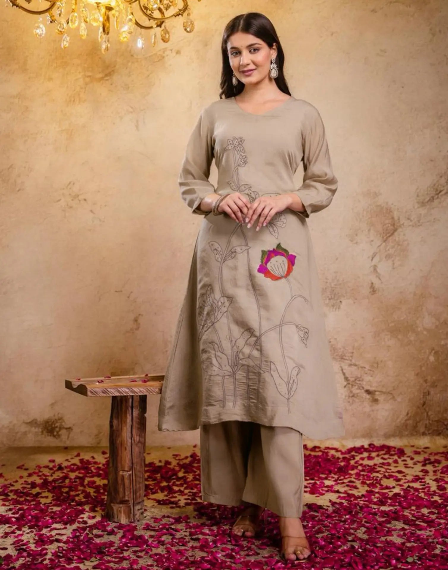 Mul Chanderi Embroidered A-Line 3 Piece Kurta Set