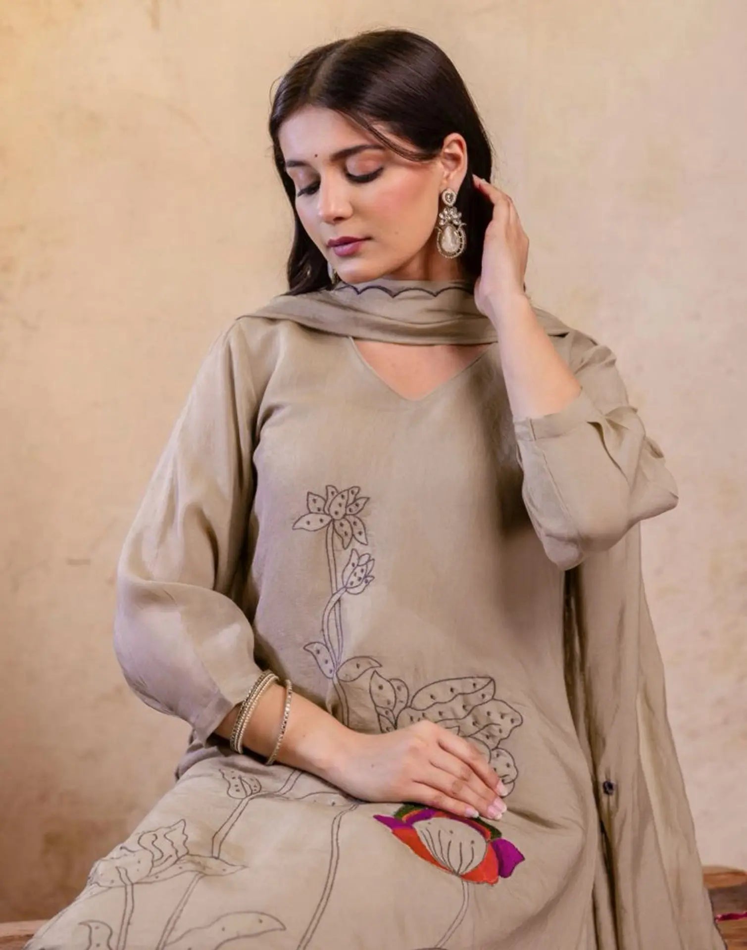 Mul Chanderi Embroidered A-Line 3 Piece Kurta Set