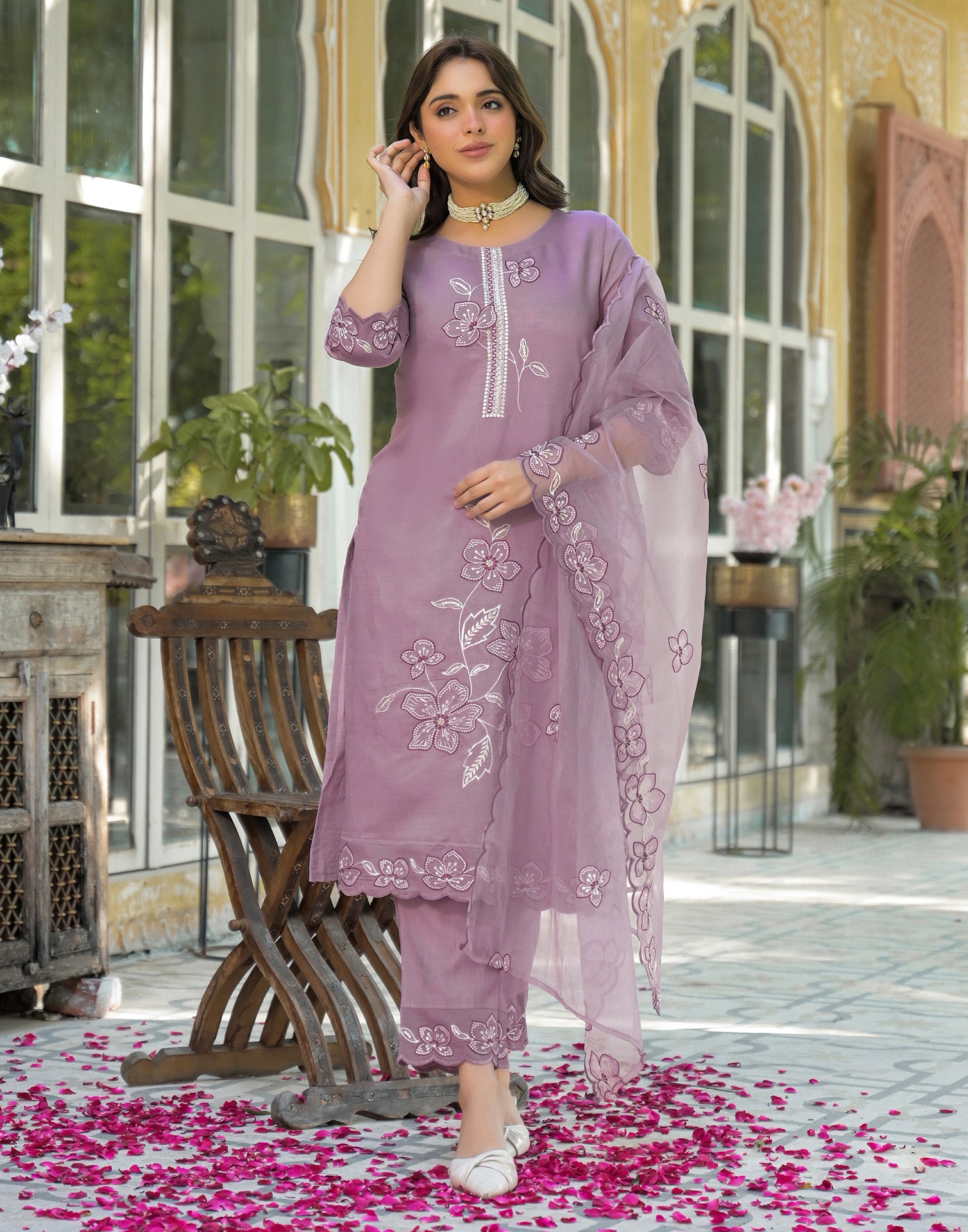 Skylee Silk Embroidered Straight 3 Piece Kurta Set For Woman